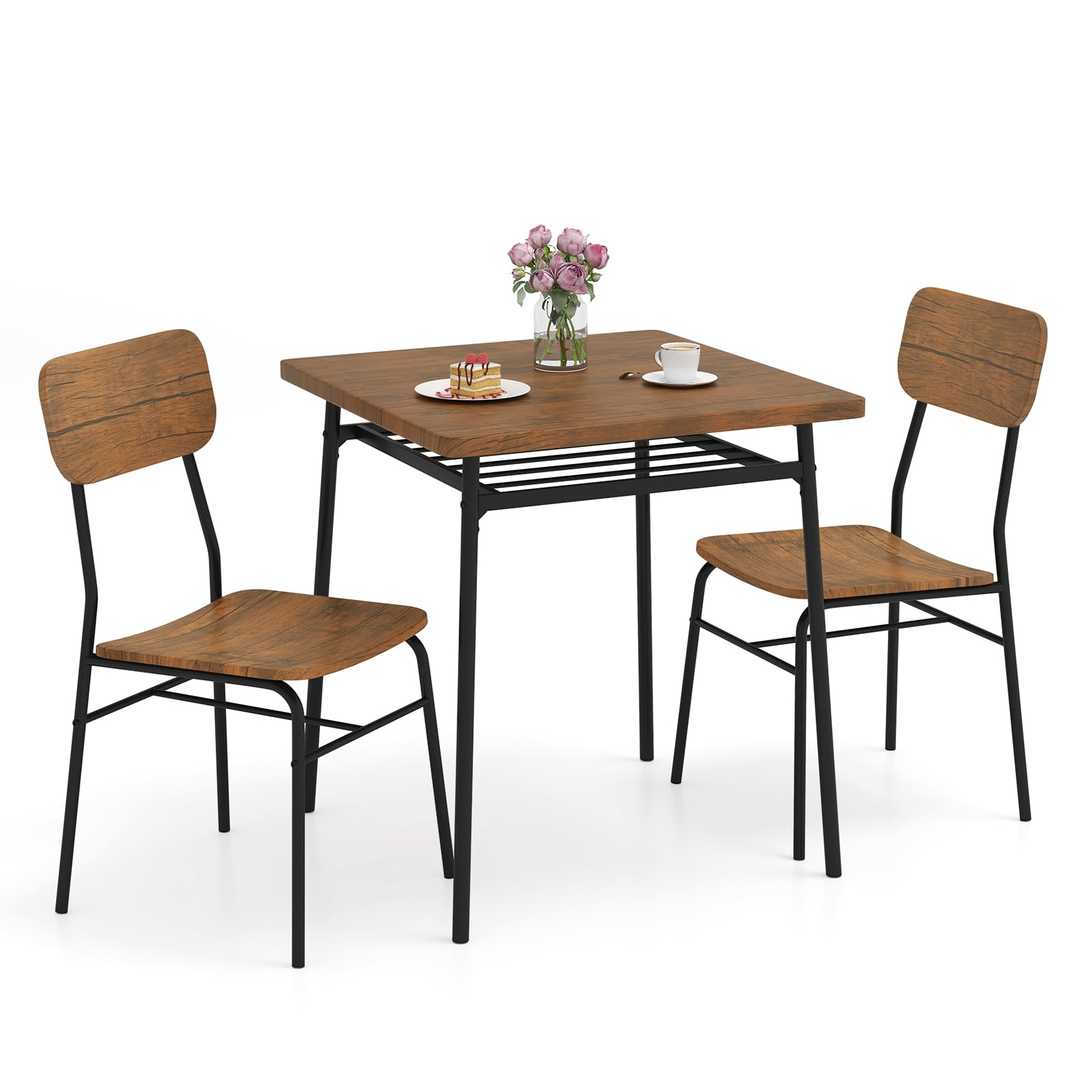 COSTWAY Set Mobili da Bar Tavolo e 2 Sedie, Tavolino Quadrato con Scaffale di Stoccaggio, Tavolo Birreria con 2 Seide per Balcone, Sala da Pranzo, Cucina e Ristorante (Marrone)