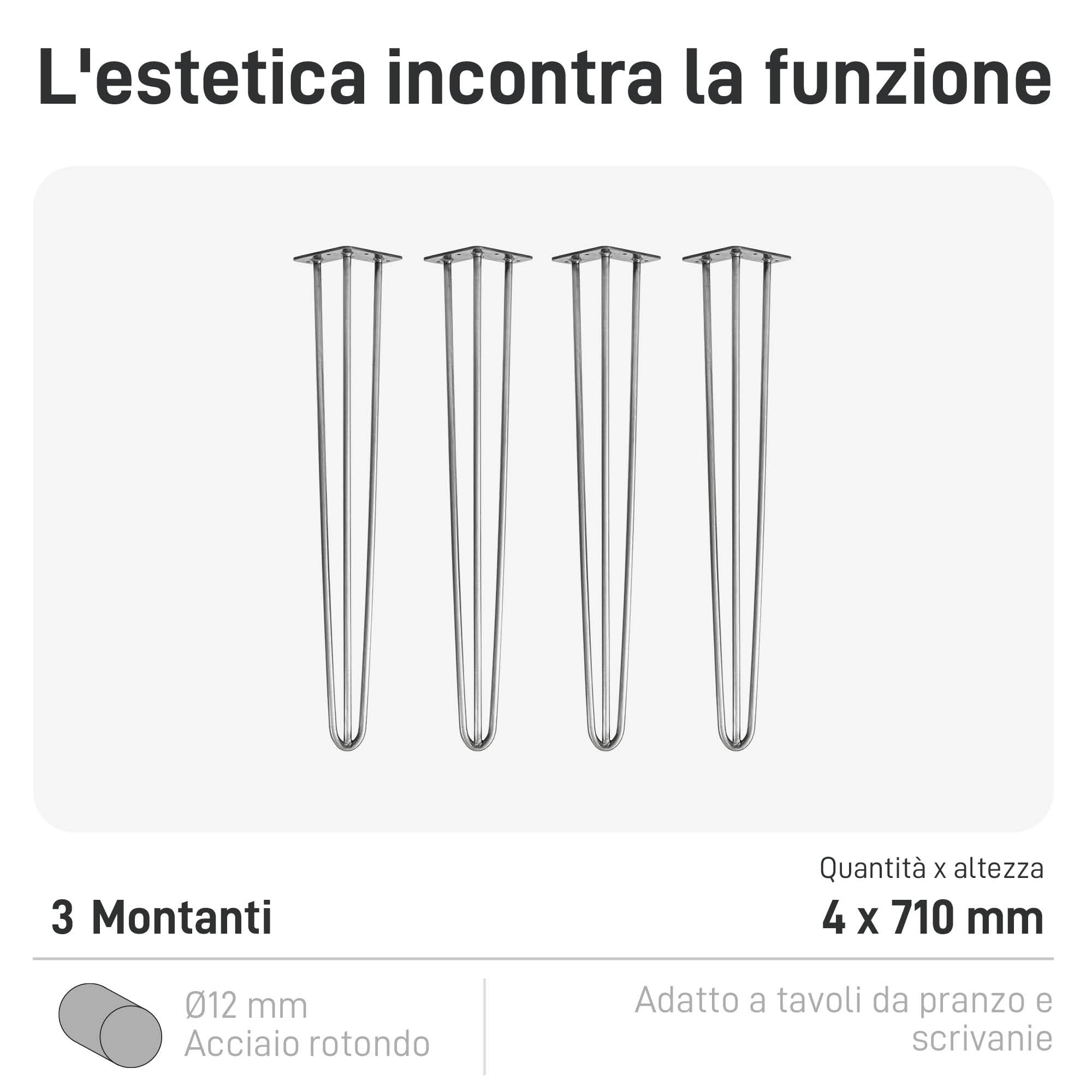 Natural Goods Berlin 4X Hairpin Leg Gambe per Tavolo | Diversi colori & dimensioni | Piedi per tavoli in metallo | Per tavolo da pranzo & scrivania | 71cm di altezza & 3-barre | Argento Industriale