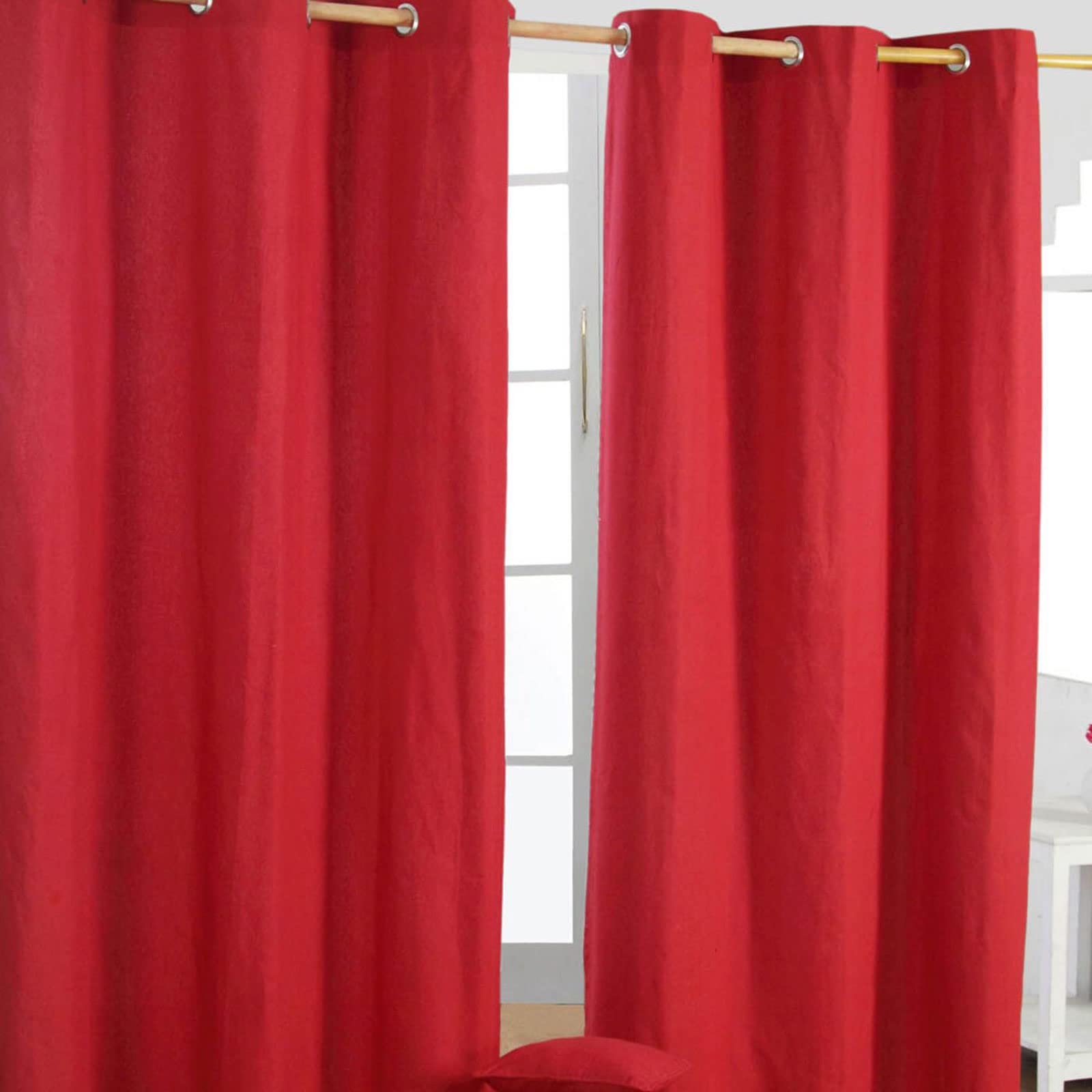 HOMESCAPES Red Eyelet Curtain Pair 137cm (54") Wide x 228cm (90") Drop Plain Heavy Unlined Curtains