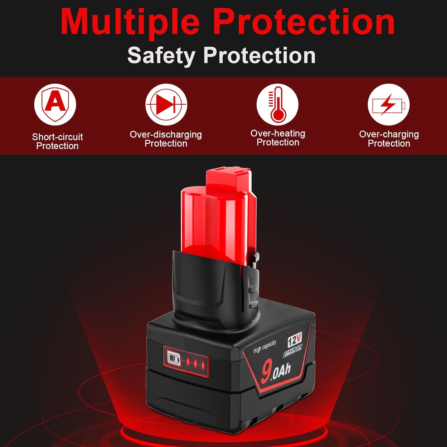 2 Pack 9.0Ah 12V Batteries Compatible with Milwaukee 12V Cordless Tools, Replaces 48-11-2412 48-11-2460 48-11-2401 (Not Made by Milwaukee)
