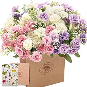 SNAIL GARDEN Fleurs d’œillets Artificiels,60 Têtes 3 Paquets de Soie Mini Bouquet de Fleurs de Chrysanthème Réaliste, avec Carte de Voeux et Sac en Papier Brun pour Cadeau de Décoration de Table