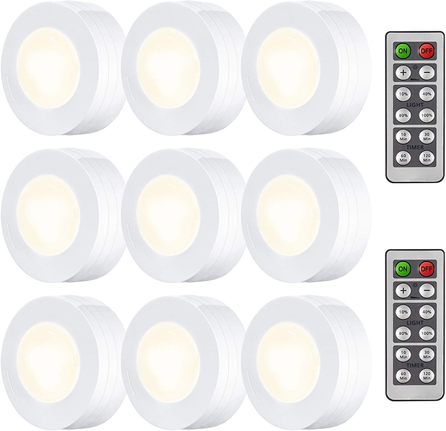 ARVIDSSON LED Under Cabinet Lighting, Wireless LED Puck Lights with Remote, Closet Light Battery Operated, Dimmable Under Counter Lights for Kitchen, Natural White - 9 Pack