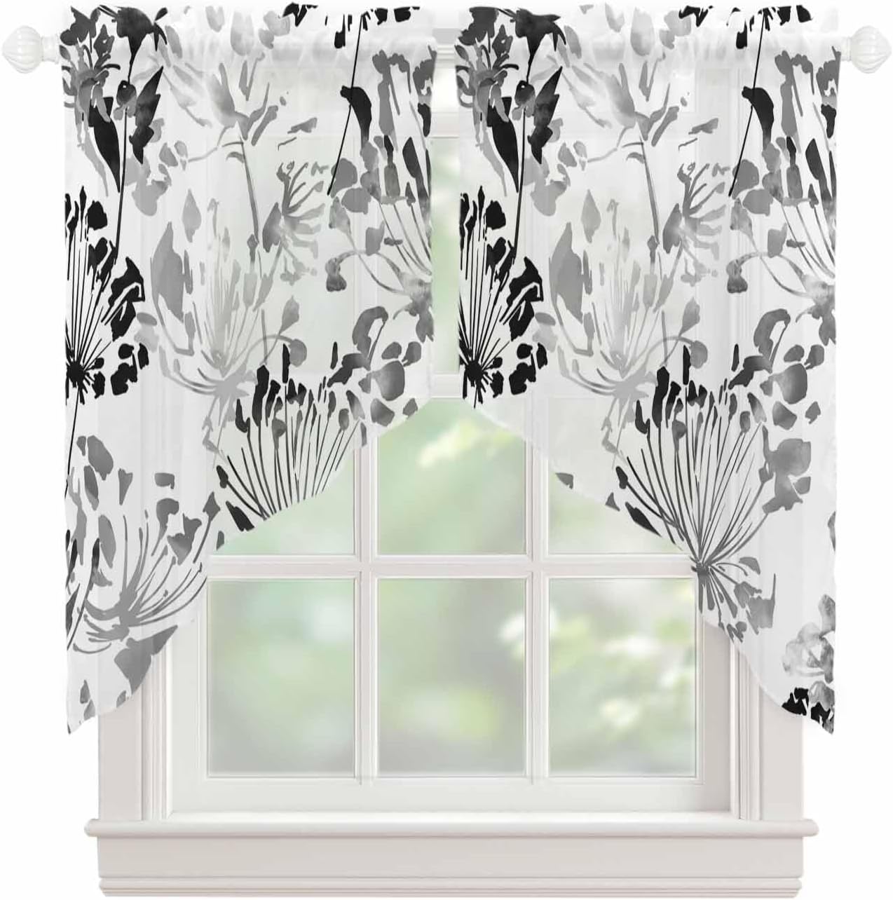 Swag Valances for Windows Grey and Black Flowers Blowball