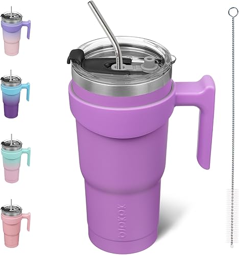 BJPKPK Vaso de 20 fl oz con asa, de acero inoxidable, con aislamiento térmico, con tapa y popote, color lavanda, para agua, hielo o café