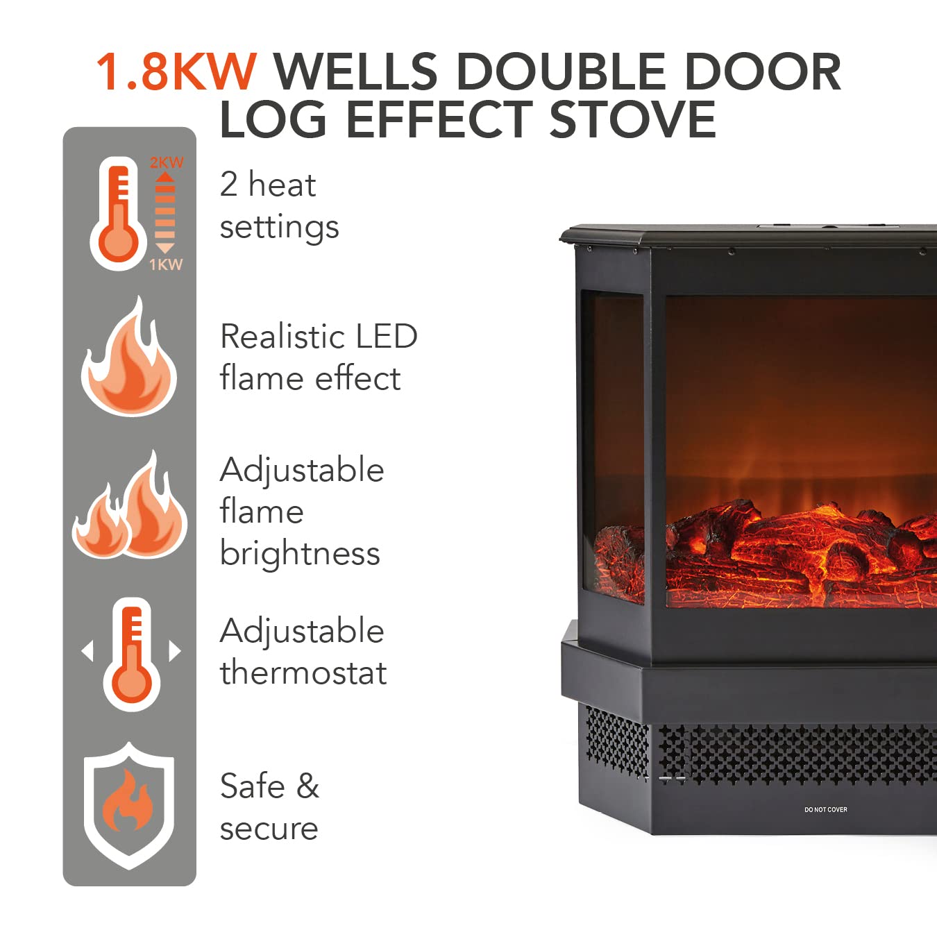 Warmlite WL46034 Wells Panoramic Double Door Log Effect Fire Stove with  Independent LED, Adjustable Brightness, 1800W, Black One Size :  Amazon.co.uk: DIY u0026 Tools