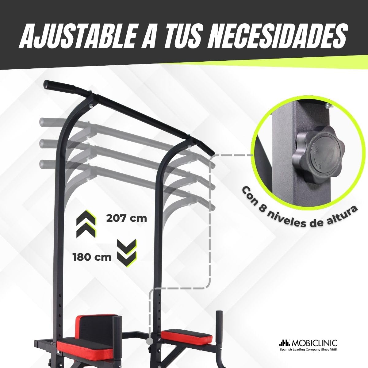 Mobiclinic®, Estación de fondos, Ajustable en 8 Alturas, Respaldo regulable, Resistente, Dominadas, Torre Multifuncional, Power Tower, Gimnasio en Casa, Pull-up, Multifit