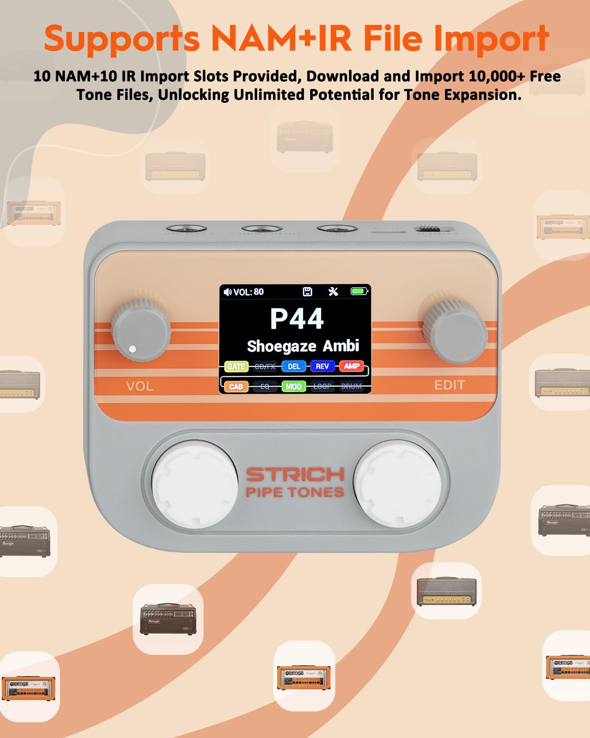 STRICH Pipe Tones Pocket Multi-Effects Processor para guitarra y bajo con 10 módulos de efectos 125 efectos Looper 40s 100 patrones de batería Interfaz de audio USB Control inalámbrico (Gris)