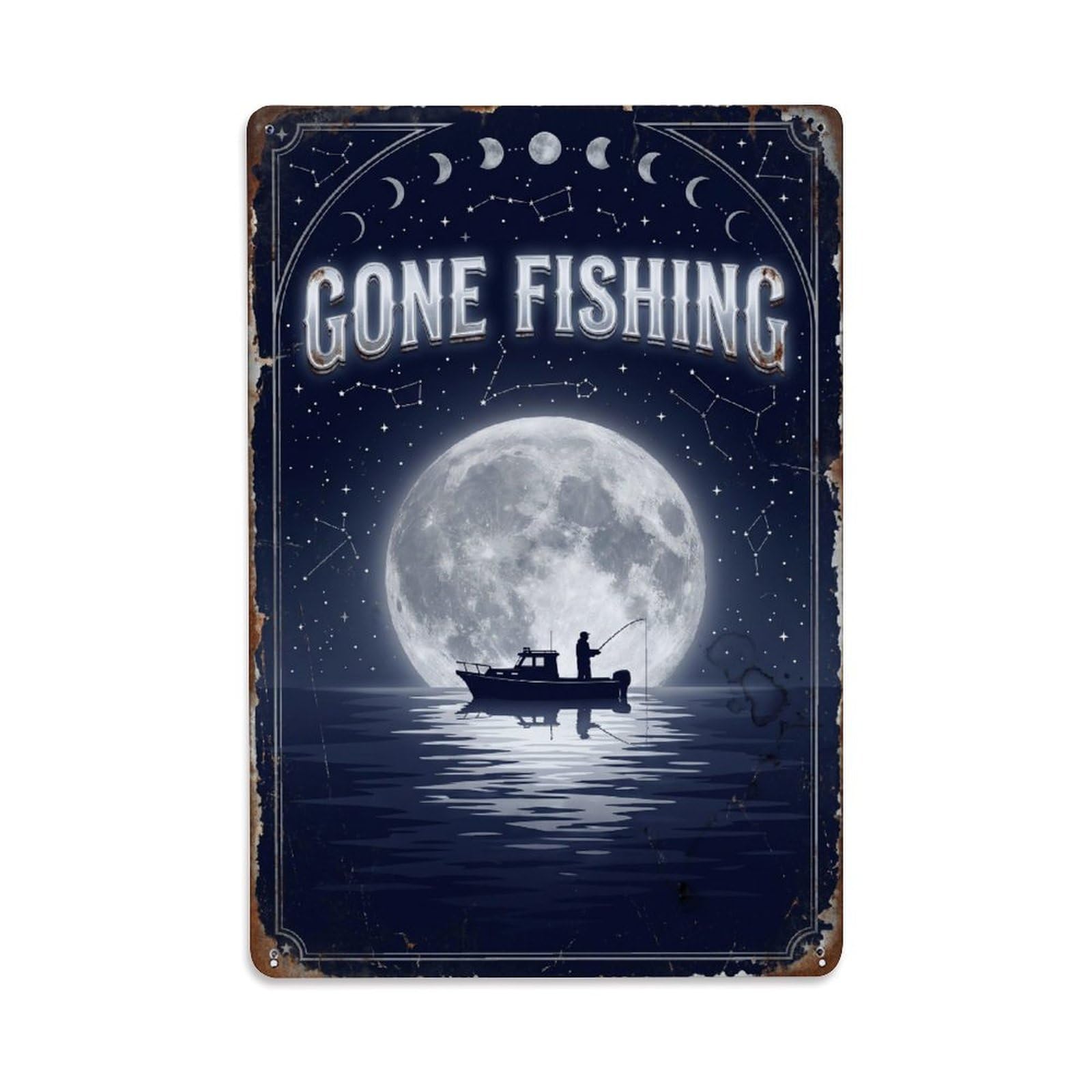 Gone Fishing Moonlight Night Vintage Metal Tin Sign Plaque Wall Decor for Cafe, Club, Garden Metal Poster 8x12Inch