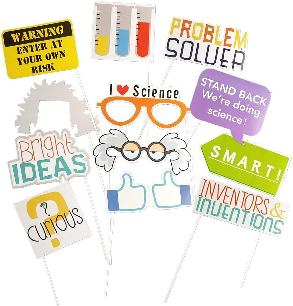 12Pcs Science Photo Booth Props with Stick Mad Scientist Selfie Props Chemistry Laboratory Party Supplies Boy Girl First 1st Bday Baby Shower