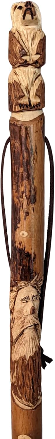 Handmade Walking Stick Carving of Bear and Mountain Man, 60" Hand Carved Hiking Staff in Hardwood by Creation Carvings