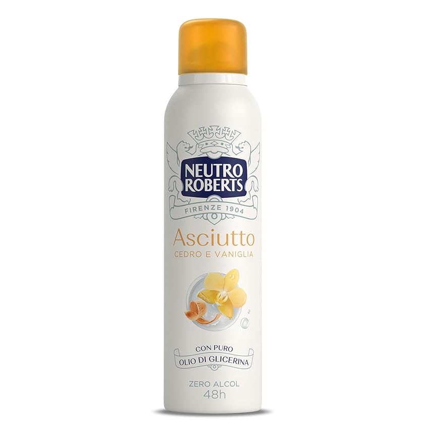 Neutro Roberts, Deodorante Spray Asciutto Cedro e Vaniglia, Zero Alcol, Con Cotone Naturale, Con Puro Olio di Glicerina, Deodorante Uomo e Donna, Dermatologicamente testato, 150 ml, 48h