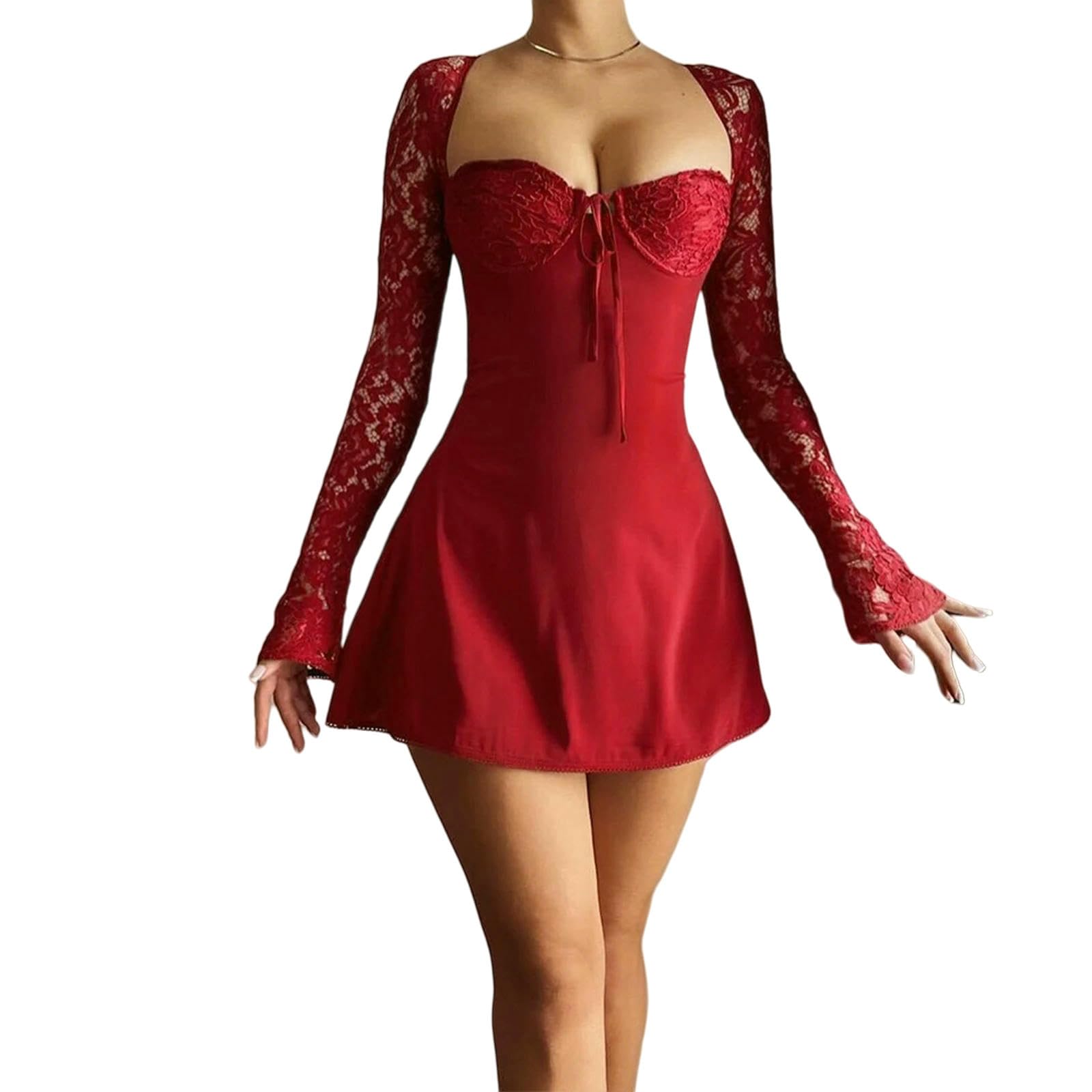 Abito Donna Invernale Donne Estate Sexy Bodycon Abiti Manica Lunga Mini Pizzo Patchwork Lega da Festa Senza Schienale A-Line per Cocktail-Bianco-l