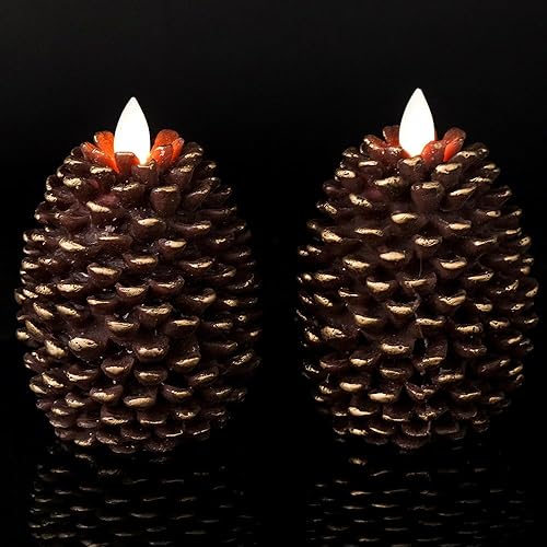 Wondise- 2 velas parpadeantes sin llama en forma de piña cera real, con temporizador, funcionan con pilas para decoración de interiores de Navidad