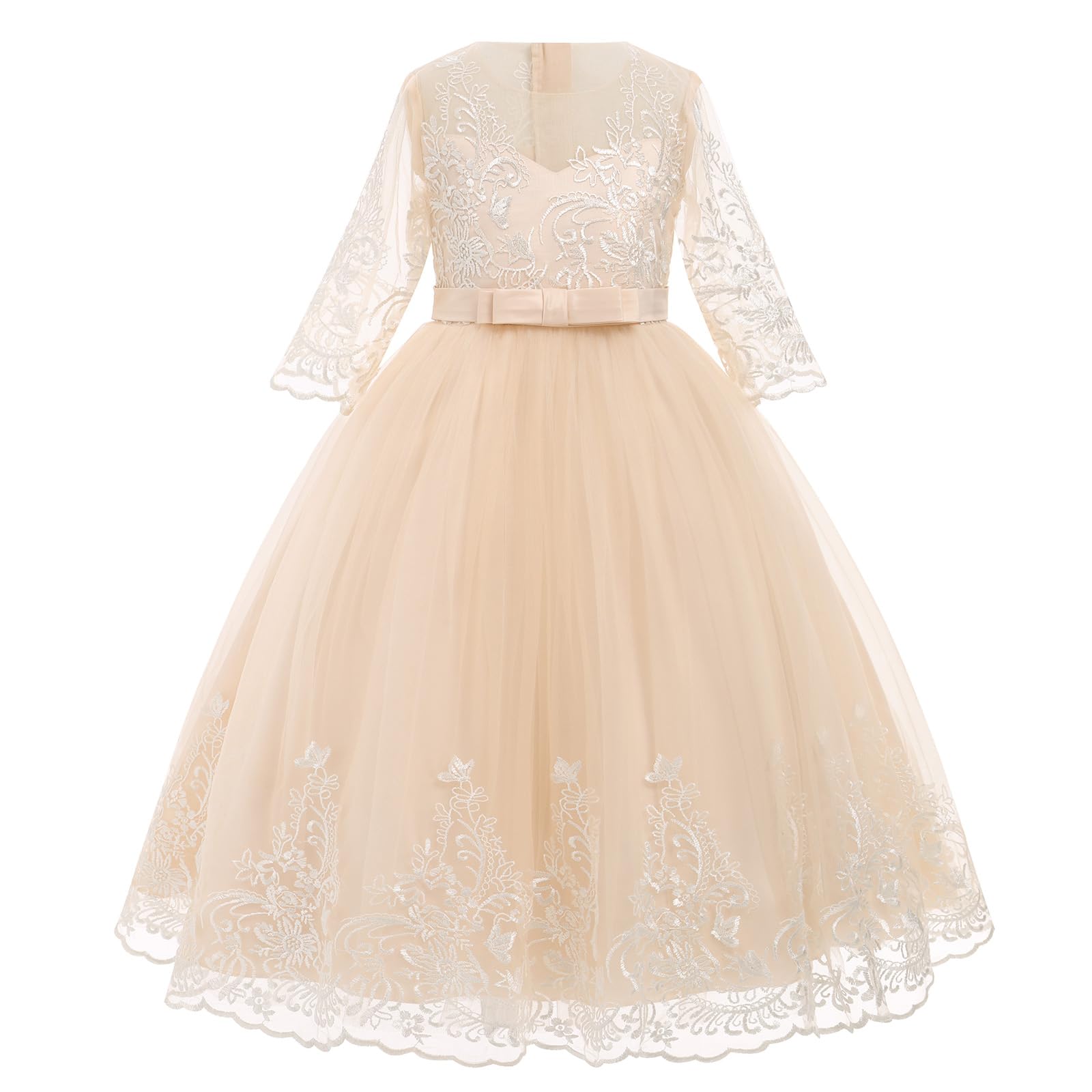 Odizli Vestidos de niña de flores para niñas con mangas 3/4, bordado de princesa, vestido de línea A, vestido festivo, boda, vestido largo de baile