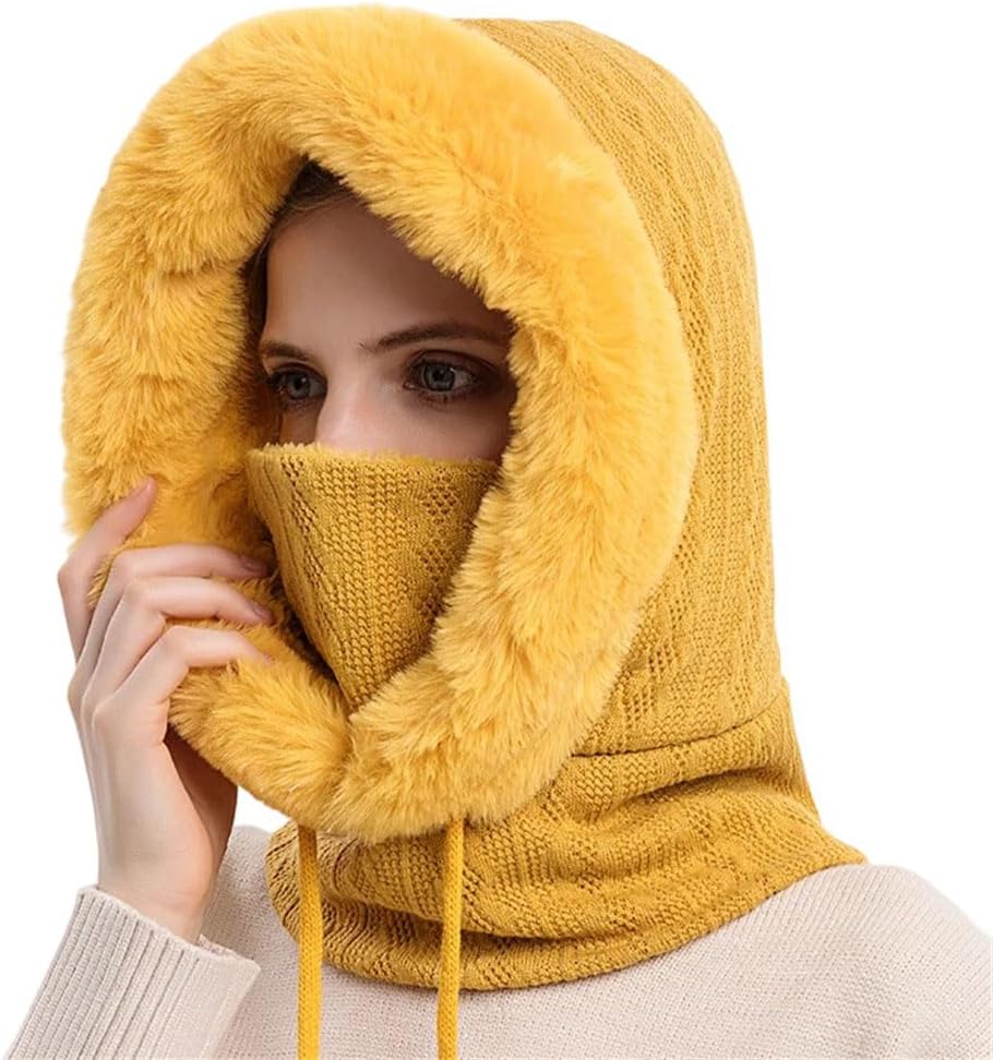Women Knitted Blend Balaclava Style Hat Thick Plush Warm Beanie Hooded Design