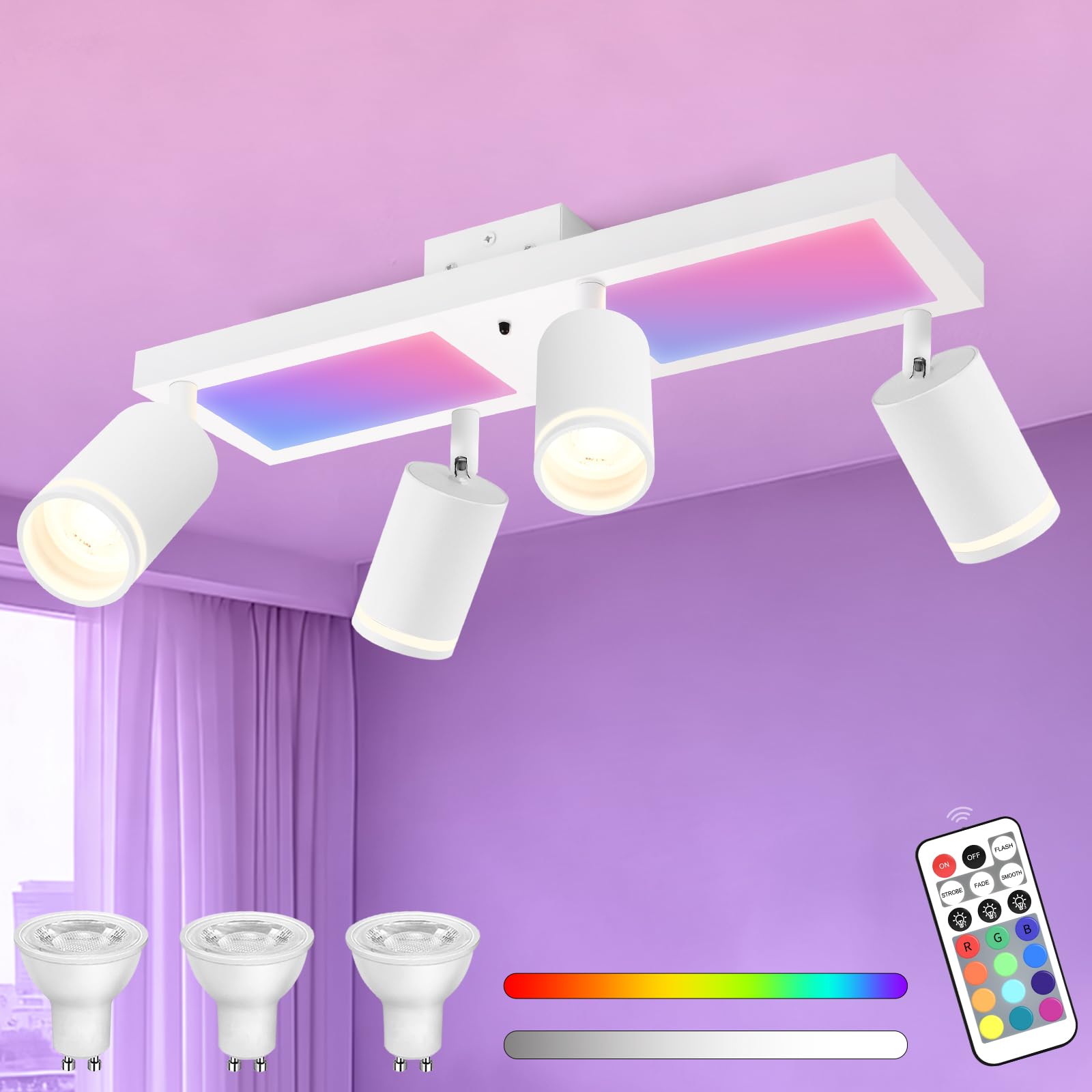 YindaLux Deckenstrahler LED mit Fernbedienung RGB Farbwechsel 30W 3600LM | Weiß RGB Deckenleuchte 4 Flammig mit Unteres Glühen, Inkl. GU10 Leuchtmittel, Schwenkbar Strahler Lampe für Wohnzimmer