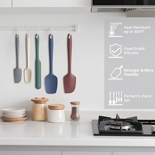 Miniatura 5 de Coukre Juego de 5 espátulas de silicona, resistentes a altas temperaturas, silicona de grado alimenticio, aptas para lavavajillas, para hornear,