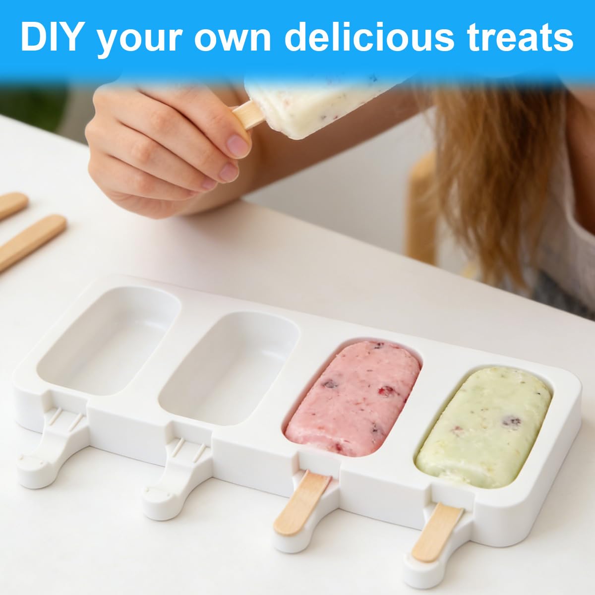 3 Juegos Moldes para palitos de helado, 4 cavidades de molde, Molde Helado Silicona sin BPA, Moldes Paletas, con 100 palitos, 100 bolsas OPP, 100 bridas para cables, 100 pegatinas