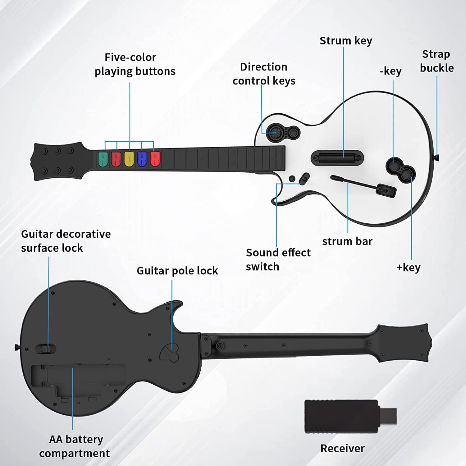 Guitar Hero Gitarren Controller für PC PS3 mit Riemen 5 Tasten Weiß