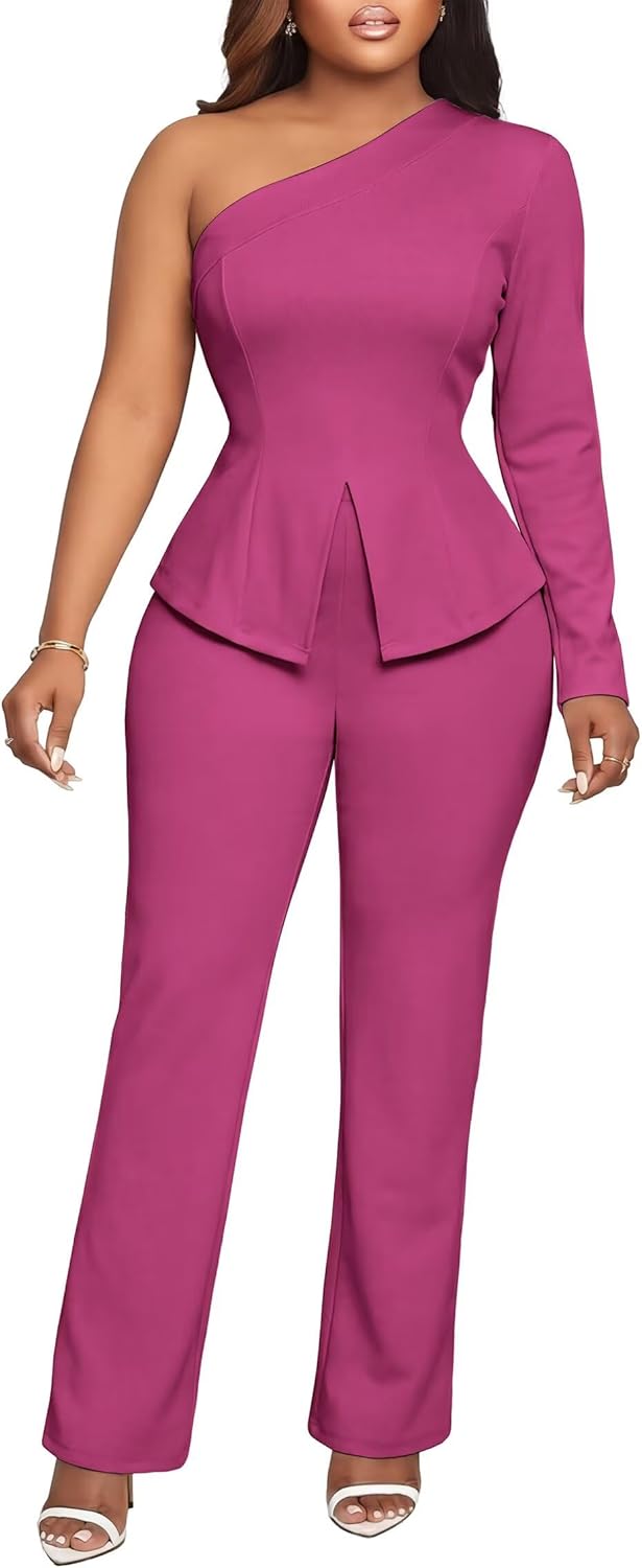 Aro Lora Womens Sexy 2 Piece Outfits One Shoulder Long Sleeve Slit Top and Pant Set Dressy Pantsuits