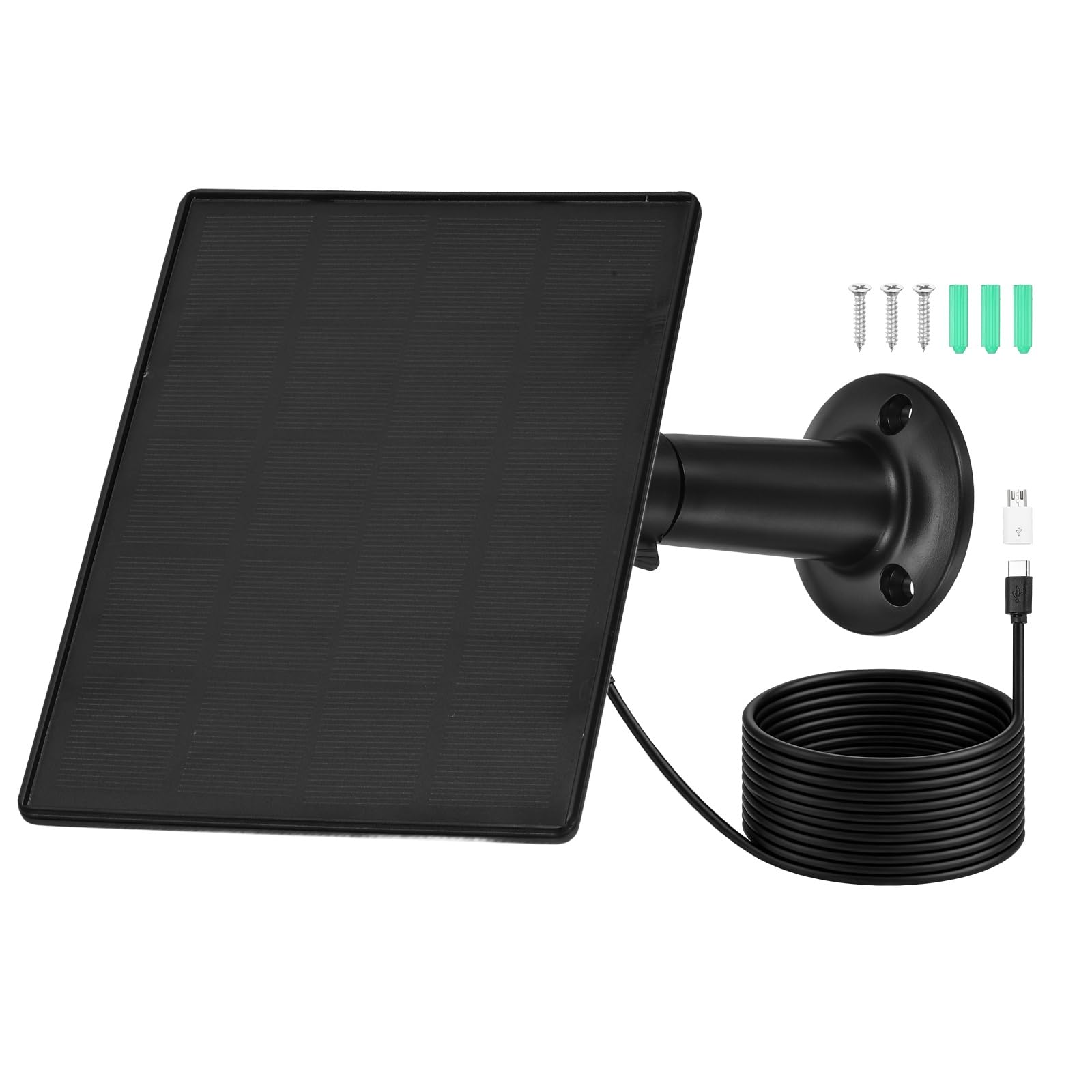 Rebower 1 Pack of 5V 2W Solar Panel, 360° Rotation IP65 Waterproof Dual Type-C/Micro USB 9.8 ft Cable Solar Charger High Efficiency ETFE Battery Maintainer for Outdoor Camera, Black