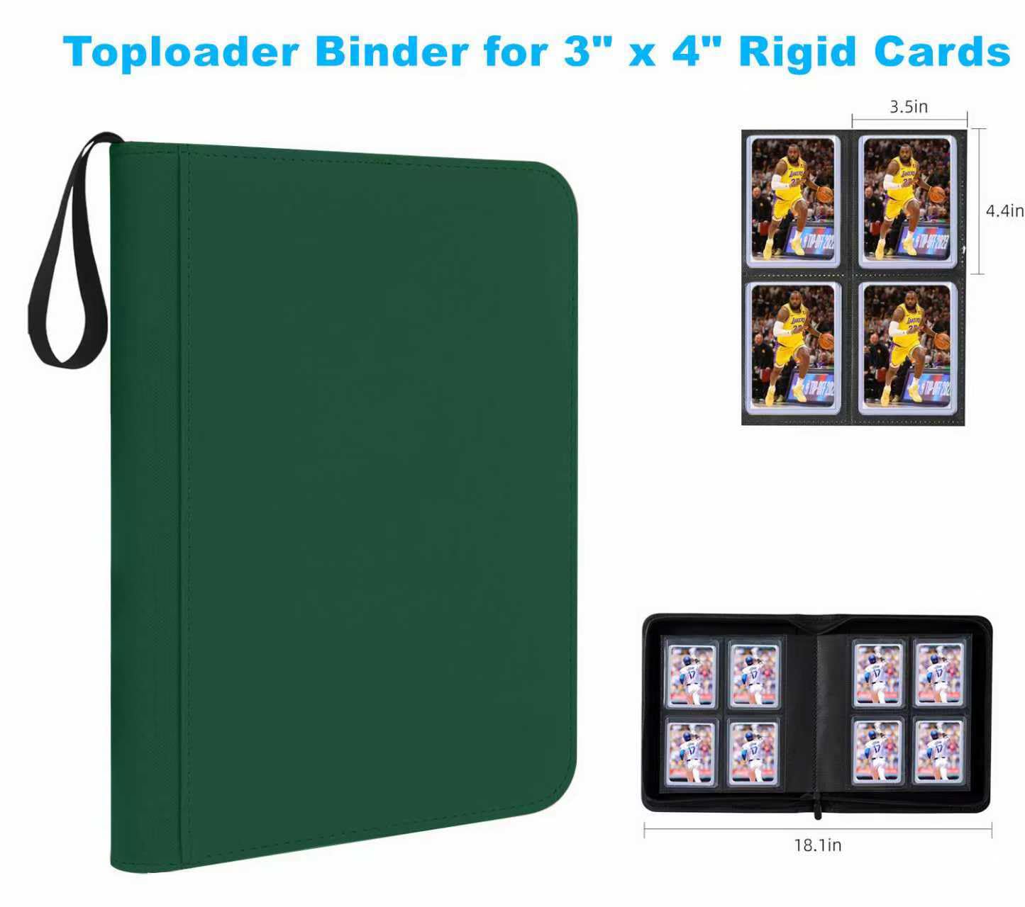 Segregator Toploader, 4-kieszeniowy album do ładowania od góry, pomieści 128 górnych ładowarek, segregator kart ładowanych od góry na sztywne karty 7,6 cm x 10,2 cm, bez pierścieni, zielony