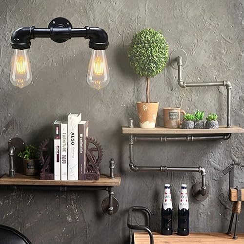 Miniatura 2 de Lámpara de pared de tubo de agua de 2 luces, estilo retro, industrial, para montaje en pared, lámpara de pared de metal Steampunk, estilo vintage