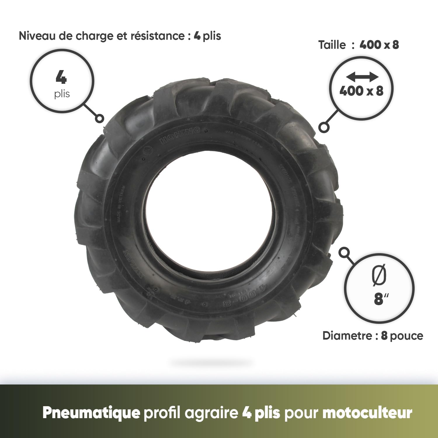 GREENSTAR - Pneu 4 Plis Profil Agraire Pour Motoculteur - Dimensions 400 x 8 - Montage Avec Chambre Air - Durable - Produit de haute qualité