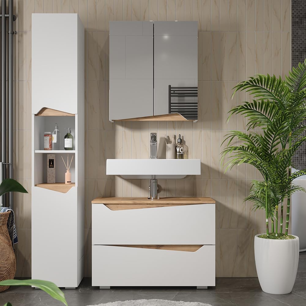 Vicco Badmöbel-Set Marelle, Weiß, 80 cm, besteht aus Waschbeckenunterschrank, Spiegelschrank und Hochschrank