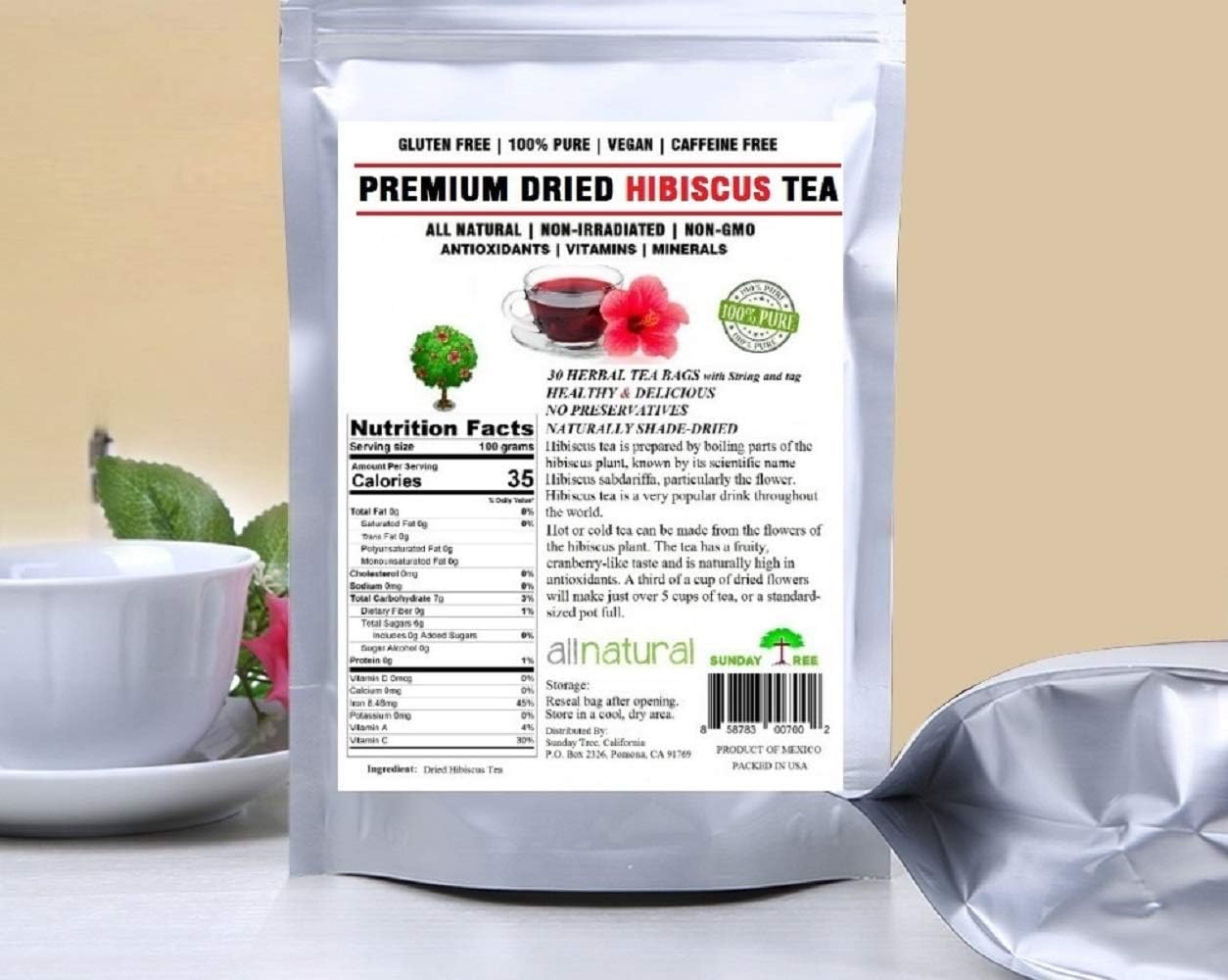 Hibiscus Tea 30 Tea Bags,Hibiscus Tea bags 100% Natural Premium Antioxidant Rich Tea Resealable Pouch