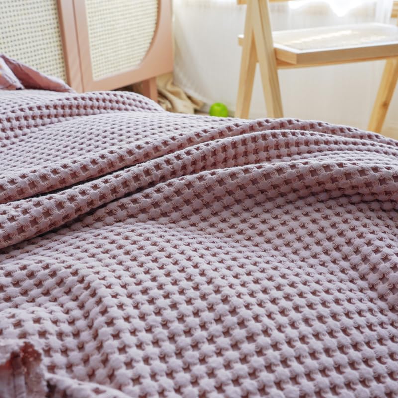 Waffeldecke aus 100% Baumwolle, Rosa, 200x230 cm, mit Rüschen, Ganzjahresdecke für Bett und Sofa (Nussbraun‑Rosa, 200 * 230cm)