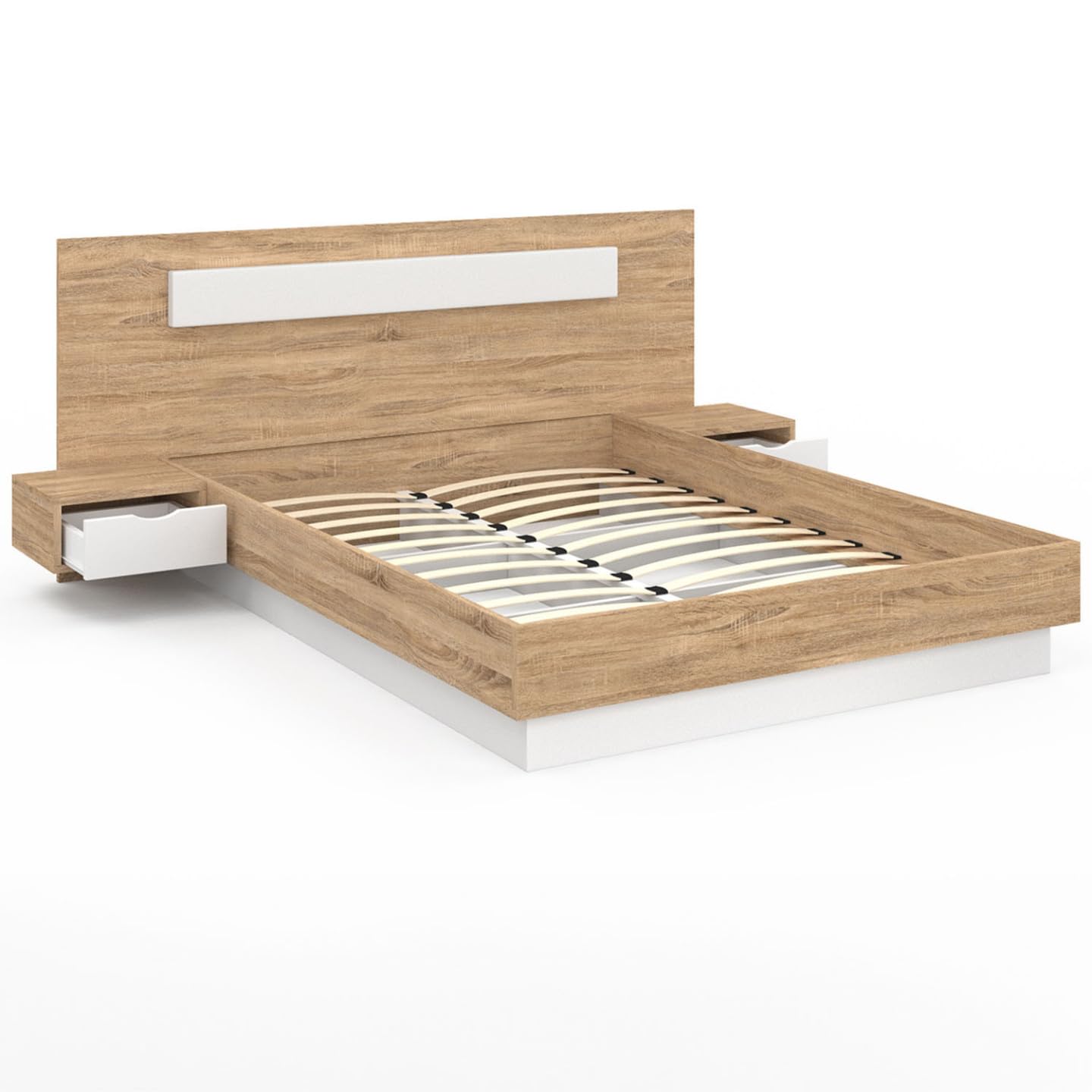 IDMarket - Lit Double Santa avec tête de lit + Tables de Chevet intégrées et sommier 160 x 200 cm Bois et Blanc
