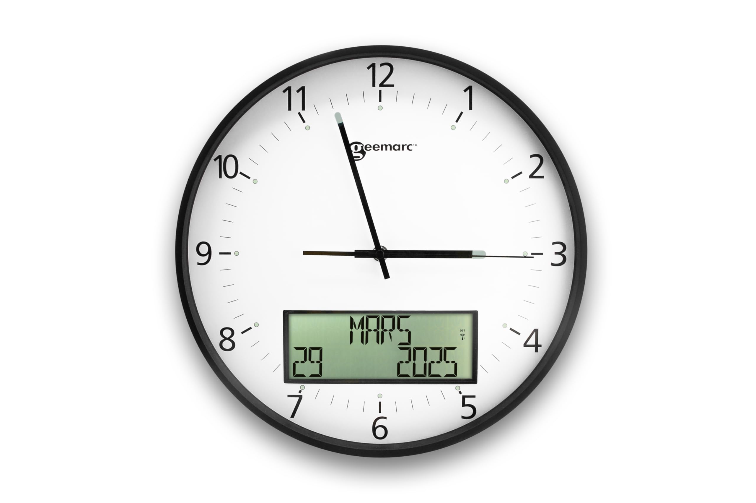Geemarc Große analoge Wanduhr mit ewigem Kalender – Die Viso 60 stellt Sich selbst auf die richtige Uhrzeit EIN – Starker Farbkontrast für Sehbehinderte und Senioren – Weiß