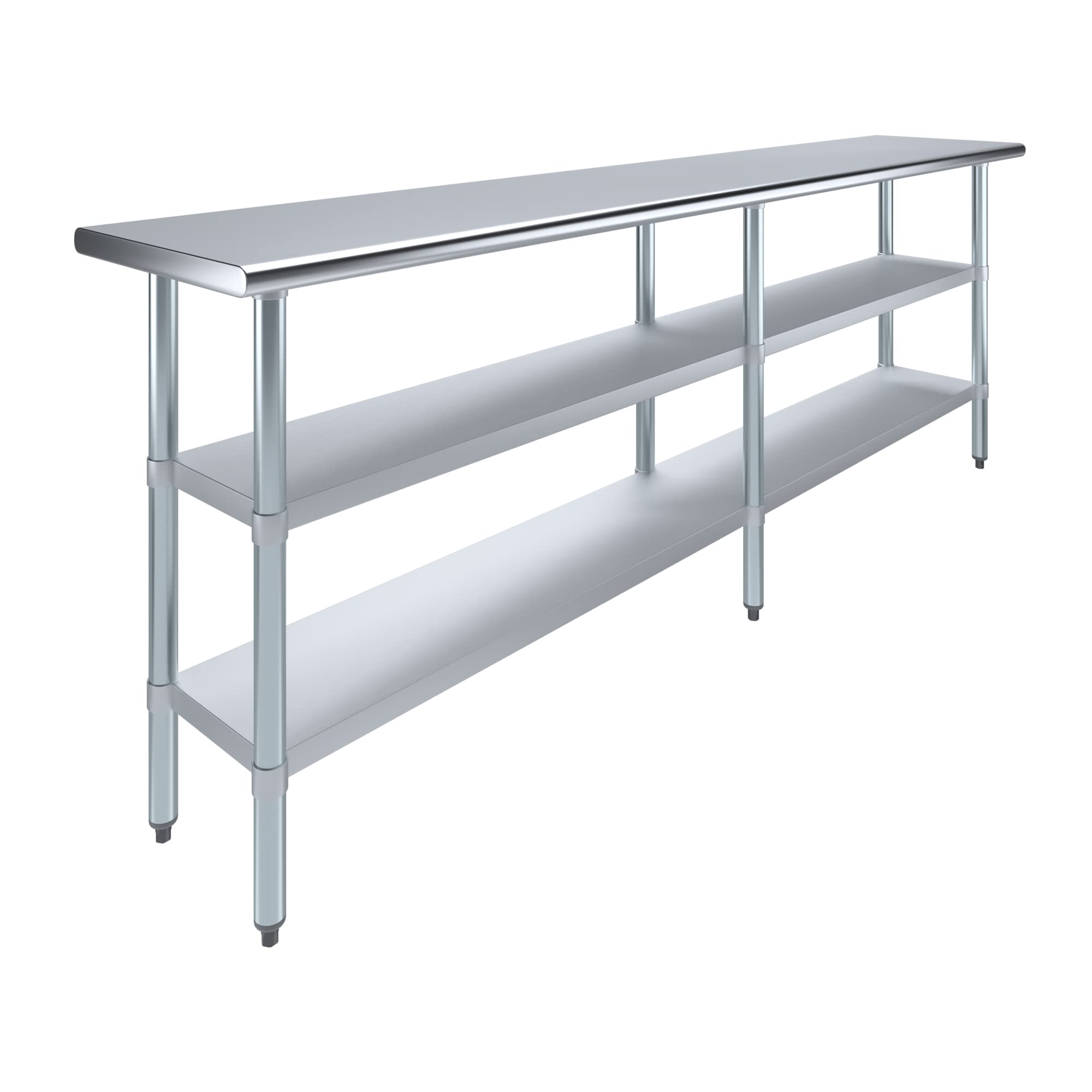 AmGood 96 in. Long x 18 in. Deep Stainless Steel Work Table with 2 Undershelves - NSF 18-Gauge 430 Top, Dual Galvanized Shelves | Commercial Prep Table, Adjustable Feet