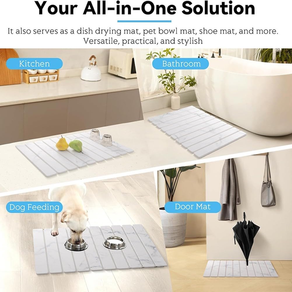 Tapis de séchage en pierre de diatomite pour comptoir de cuisine, tapis pliable absorbant la terre de diatomée, tapis égouttoir réutilisable pour vaisselle, bouteilles, tasses (blanc marbre L11)