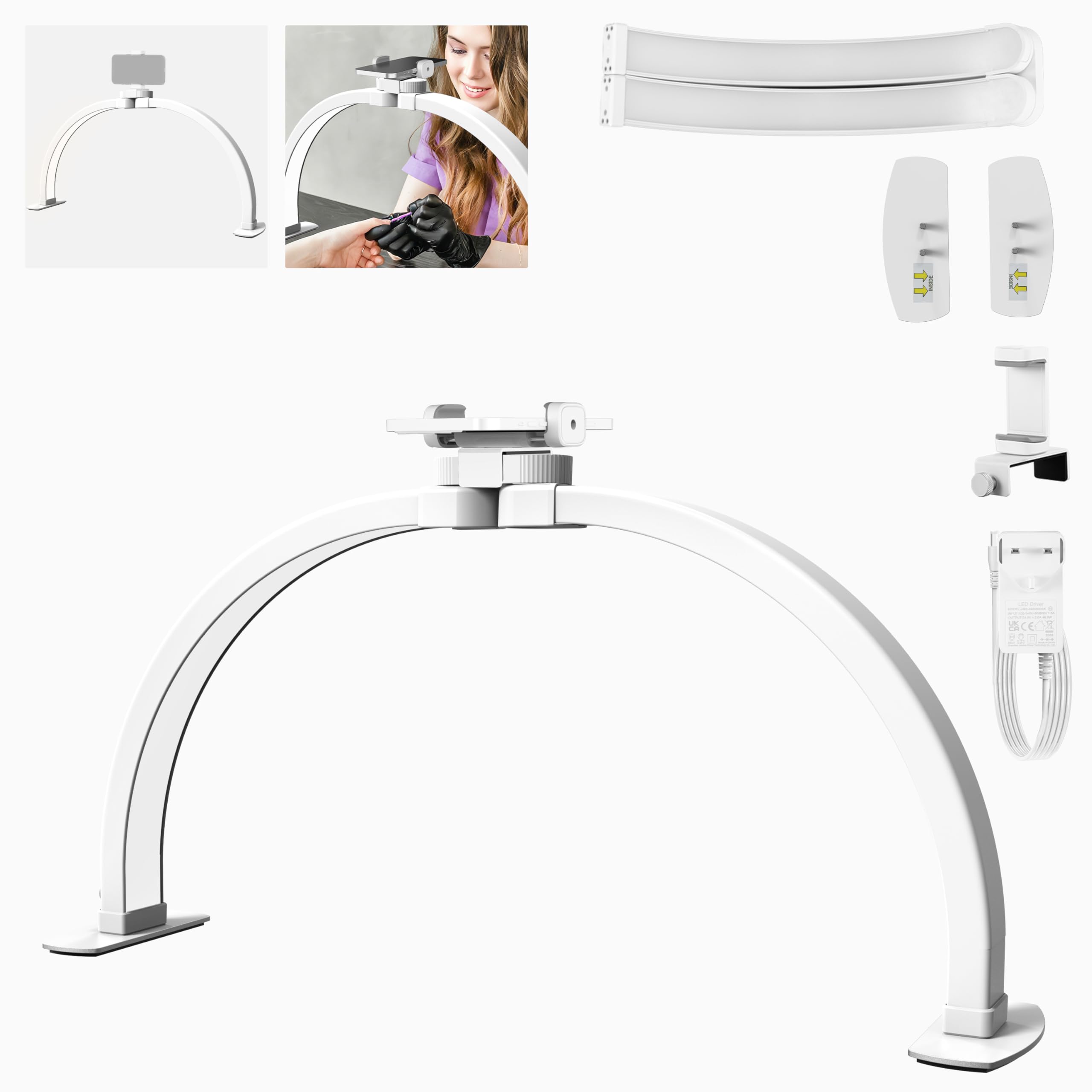 NEEWER BASICS 23" Half Moon Nail Light for Desk, 308 LEDs 28W Bi Color CRI85+ Foldable Nail Tech Table Arc Lamp with Overhead Phone Mount for Manicure Handicraft Lighting Beauty Video Recording,HM04-D