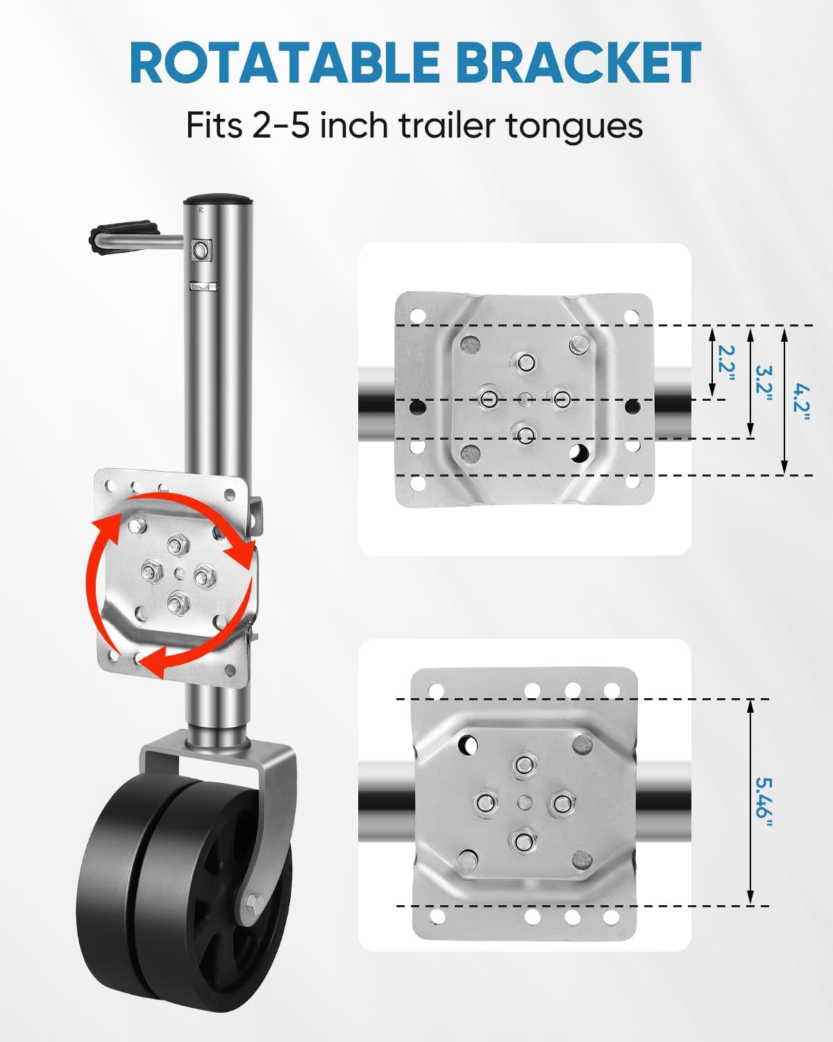 2000 lbs Boat Trailer Jack with Wheel, 8" Double Wheel RV Tongue Jack, Heavy Duty Dual Wheels Swivel Trailer Jack 12" Lift for Camper (Silver)