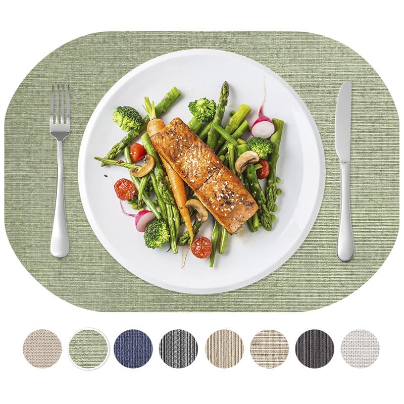 Andie Home Oval Placemats for Kitchen Table and Dining Room, 6-Piece Set, Heat-Resistant and Surface Washable Placemat, Sage Green, 17"x12"