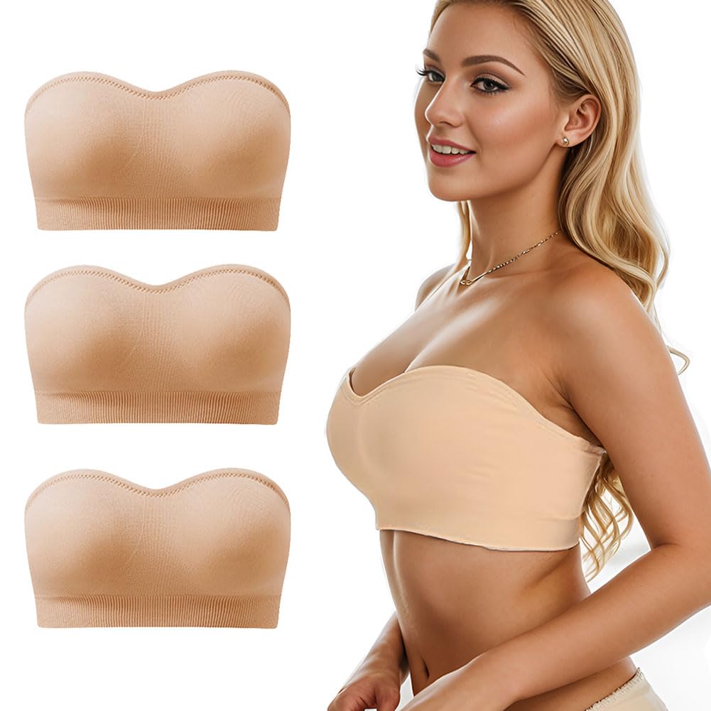 varsmiss 3 Pieces Strapless Bandeau Bra for Women, Seamless Bralettes Padded Bandeau Tube Top Bra