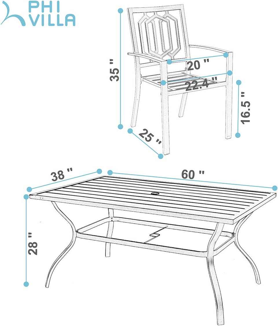 PHI VILLA Outdoor Patio Dining Set 7 Piece with Rectangular Table and 6 Bistro Chairs - Black : Patio, Lawn & Garden