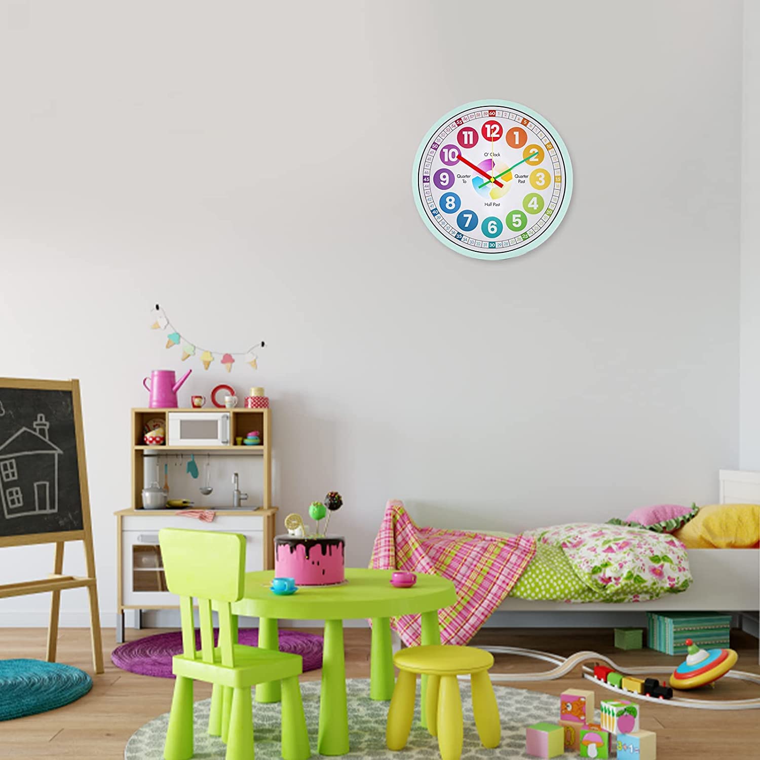 30cm Reloj de Pared Educativo para enseñar el Tiempo para niños, Silencioso, Funciona con Pilas, Aprender a Contar, Reloj de Pared de Cristal Vidrio Decorativo Colorido