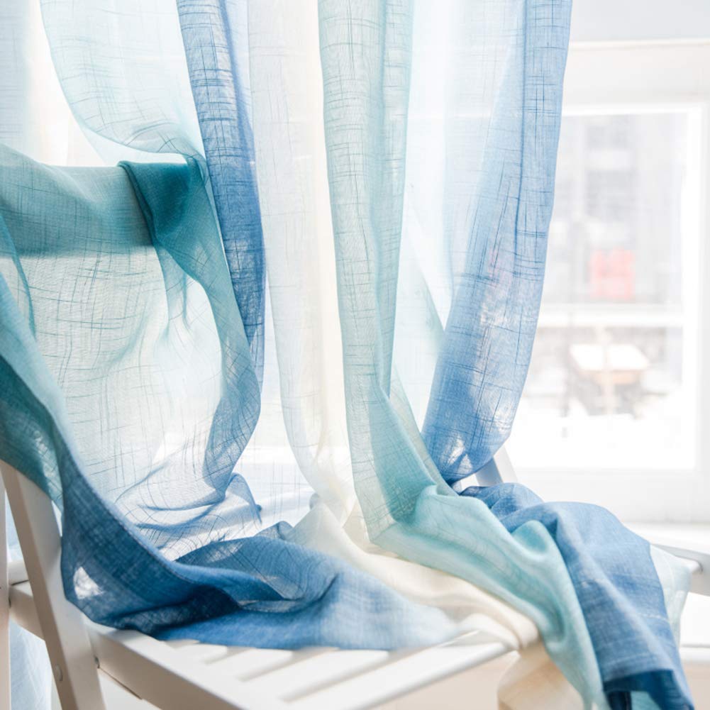 Rideau en fil de traitement de fenêtre en lin texturé bleu à rayures