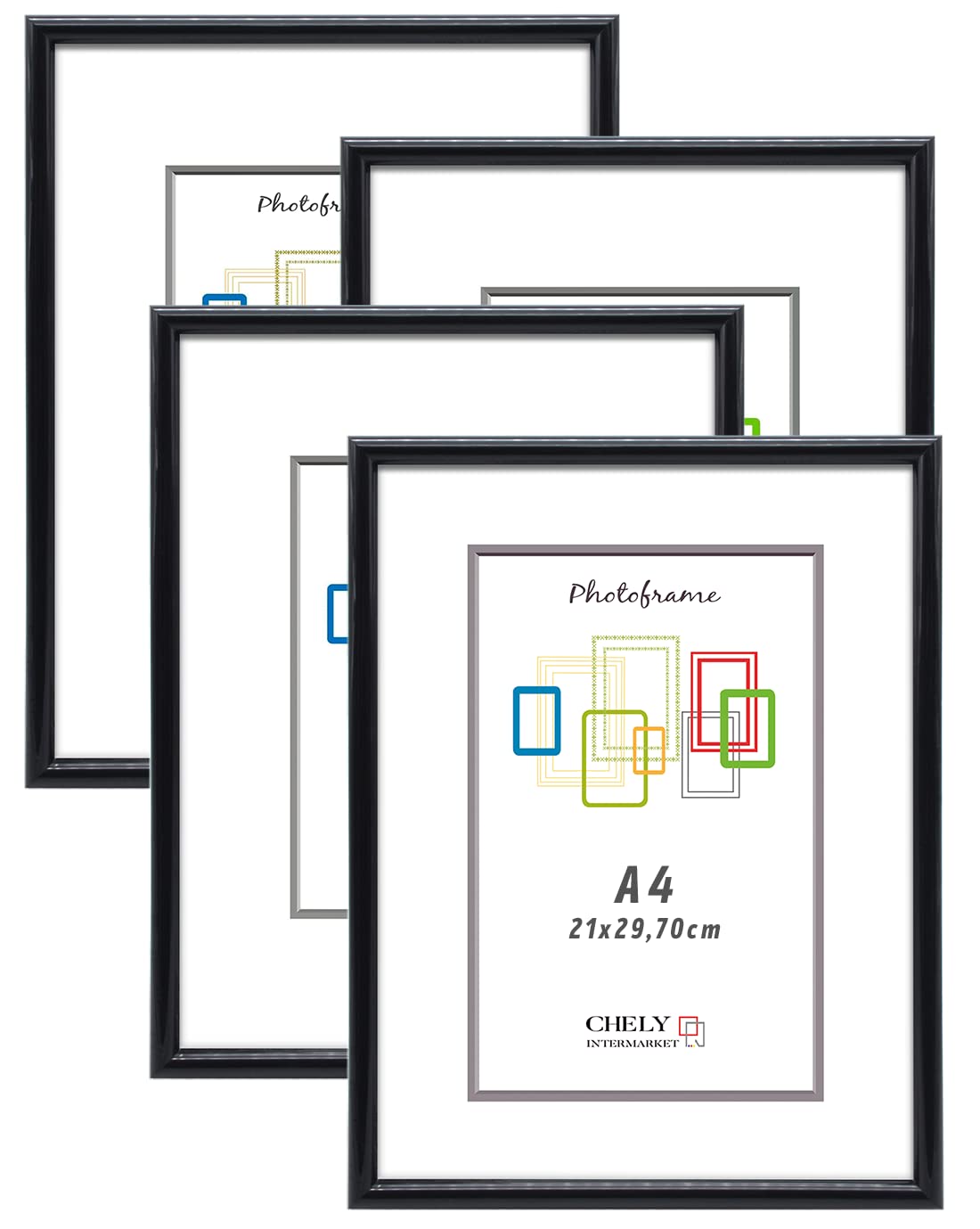 CHELY INTERMARKET Marcos de fotos A4 (21x29,7 cm) MOD 312 Negro Pack 4 unds Cuadro de pared para fotos