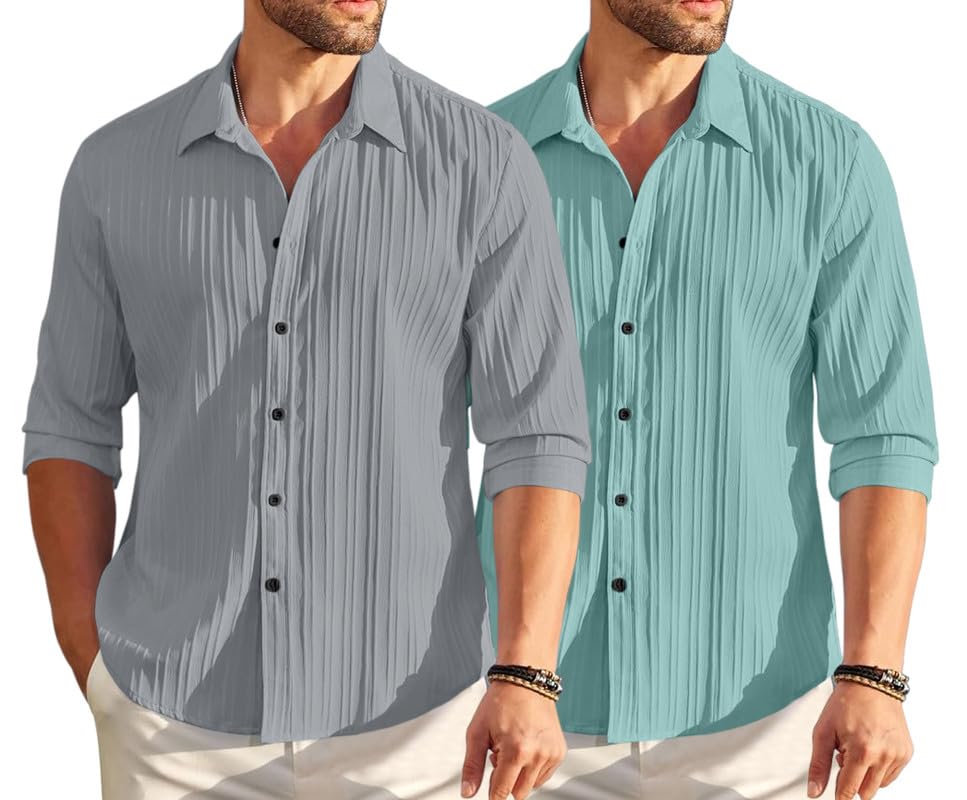 Image of FINIVO FASHION Men's Cotton Blend Shirt Set Lightweight, Full Sleeves, Plain Texture, Button Closure, Summer Ready (Pack of 2)