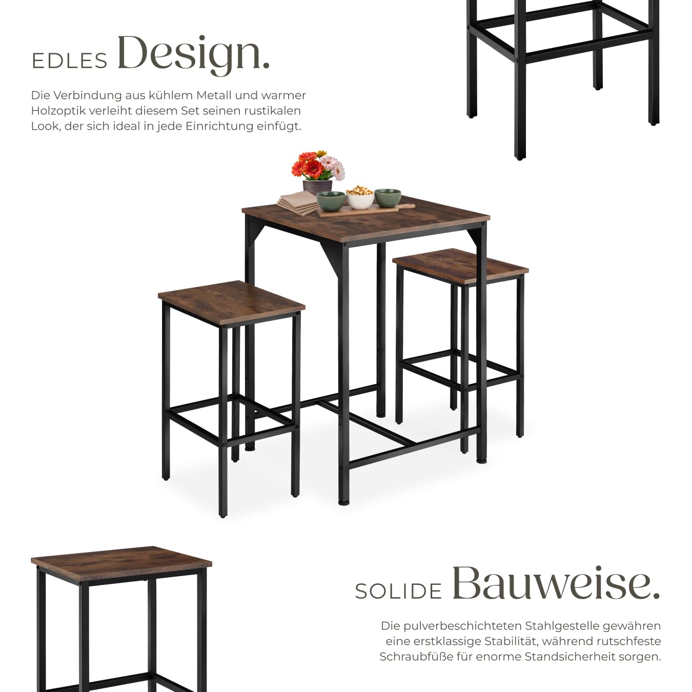 tectake® Bartisch Set 3-teilig, 1x Hochtisch mit 2X Barhocker, Essgruppe Industrial Style, Kaffeebar Möbel, Küchentisch mit Stühlen, Küchenmöbel, Wohnzimmer Möbel (Industrial Dunkelbraun)