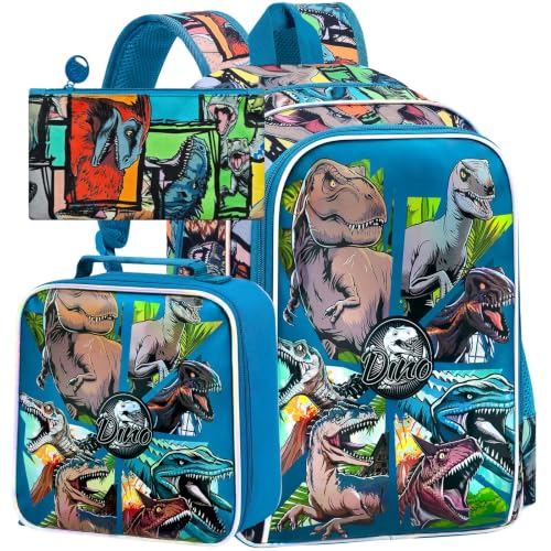 Image of 3PCS Dinosaur Backpack for Boys, 16 Inch Kids Water Resistant Preschool Elementary Kindergarten Bookbags and Lunch Box | Kids