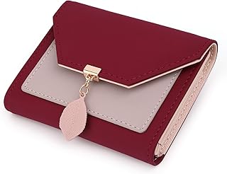 Portafoglio Donna 6 slot per schede 1 Finestra di carta e 1 portamonete con cerniera di Pelle sintetica con foglia pendente per Ragazza Portafoglio in contrasto bicolore Rosso