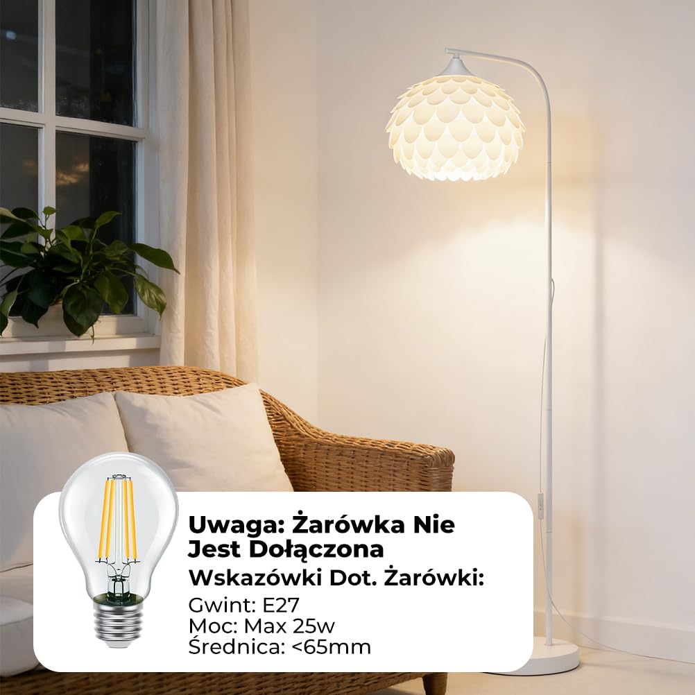 OUSFOT Lampa Podłogowa 153 CM, 230 V | Gniazdem E27, Biała, łatwa w Montażu, do Sypialni, Salonu, Gabinetu (Żarówka nie Jest Dołączona)