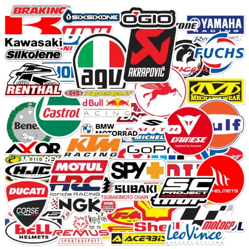Image of WallDesign Moto Racing Sticker Set (62 Pcs) - Waterproof Laminated Vinyl Decals for Laptop, Helmet, Mobile & Bike Accessories - Durable Self-Adhesive Sticker Bomb Pack for Racing Fans, 2.5 Inch