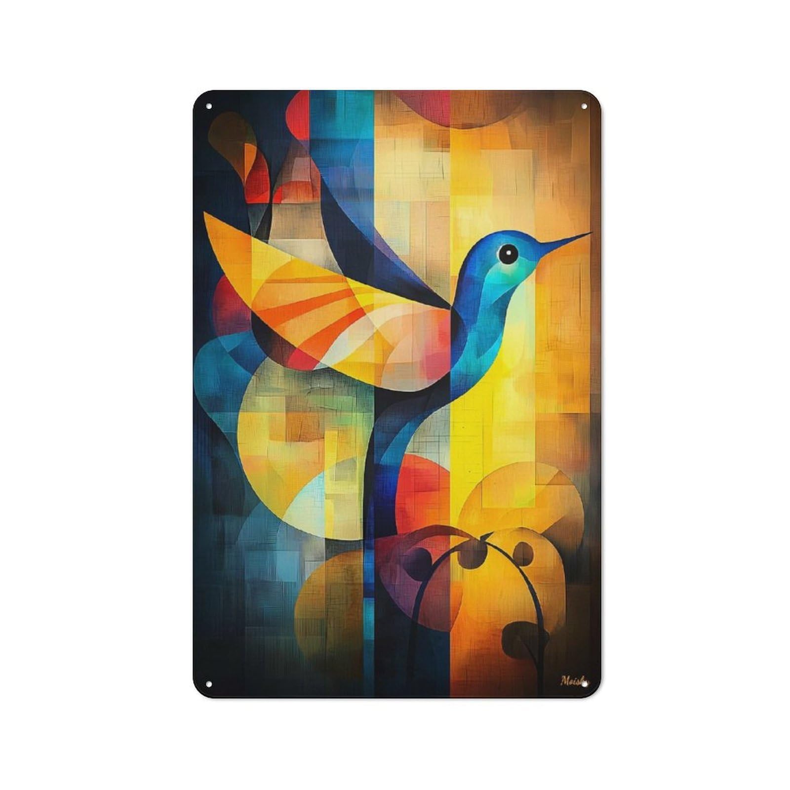 Junmoney Abstract Hummingbird Art - Geometric Bird In Tin Wall Plaque 30X20cm With Vibrant Colors For Workshop Wall, Suited To Makers And Diy Enthusiasts